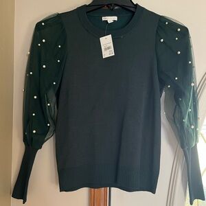 Green Sweater with Pearl Embellished Sleeves